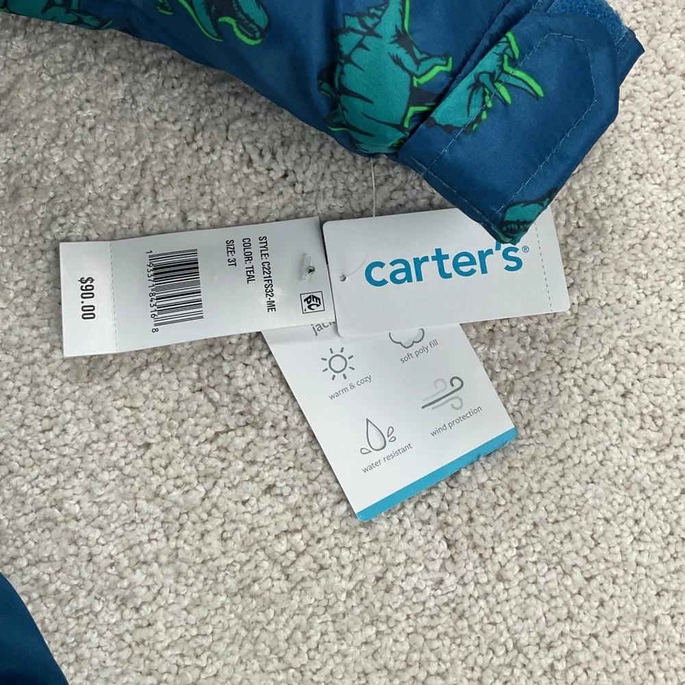 Carters Toddler Boys 2-Piece Dinosaur Snowsuit Teal Blue Puffer‎ Jacket Bibs 3T